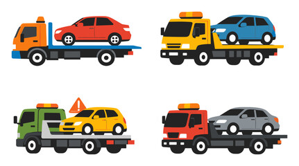 Naklejka premium Tow trucks transporting vehicles. Flat vector illustration of recovery vehicles and cars in need of assistance