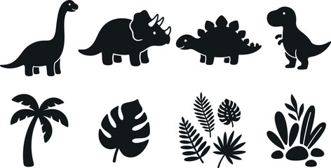 Cute Cartoon Dinosaur and Tropical Plant Silhouette Set Baby Prehistoric Icons in Rows  © MirzaAsmaul