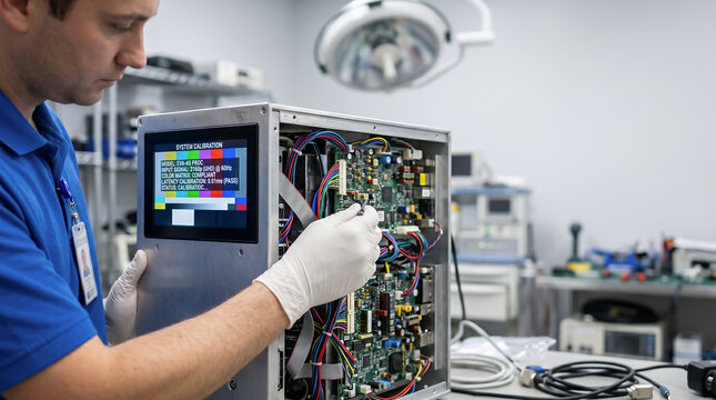 Male biomedical service engineer calibrates open video tower module with circuit boards and color bar display in hospital maintenance room. Repair of medical equipment. Diagnostic system. Copy-space.