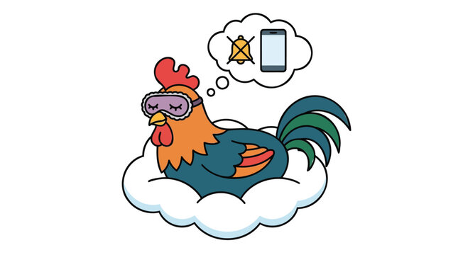 A cartoon rooster lies on a cloud, thinking about a phone.