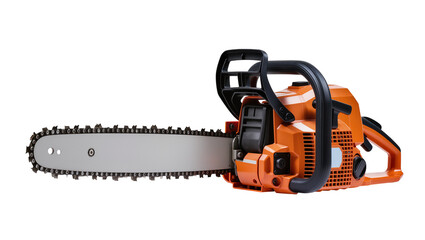 Naklejka premium Orange chainsaw with black handles and metal bar, isolated on transparent background