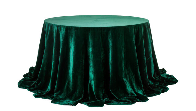 Round emerald green velvet tablecloth draped over a table, isolated on transparent background