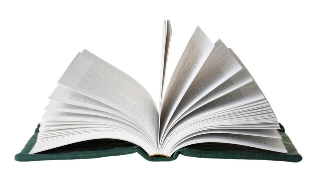 Open green hardcover book with fanned pages, isolated on transparent background