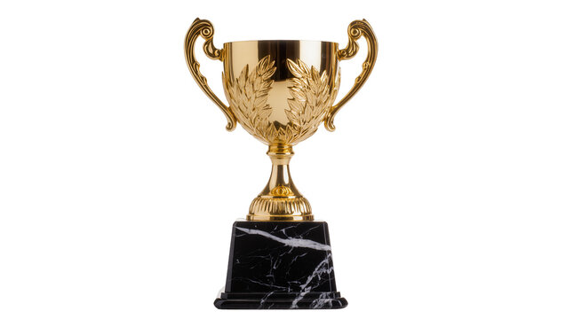 Golden trophy with laurel wreath detail on black marble base, isolated on transparent background