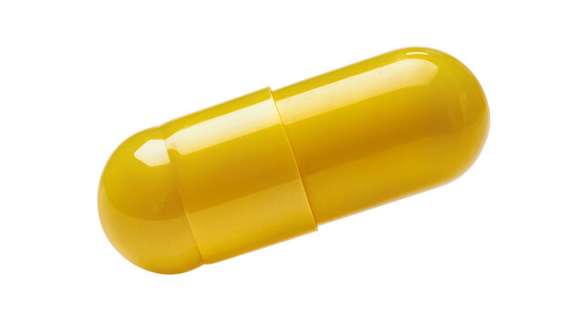 Single yellow capsule pill glossy and smooth, isolated on transparent background