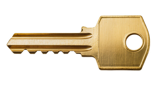 Shiny brass house key with serrated edge, isolated on transparent background