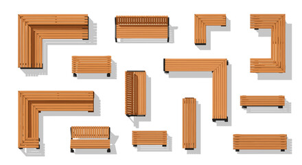 Naklejka premium Set of top view wooden benches for landscape design or outdoor park areas isolated on solid white background.