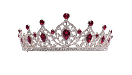 Ornate silver tiara with red gemstones, isolated on transparent background © TONSTOCK