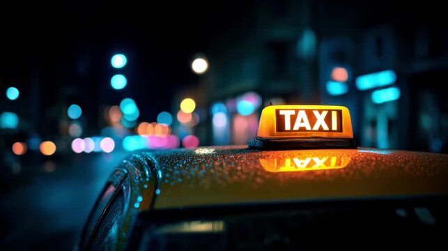 Nighttime taxi sign illuminated on a wet car roof with bokeh city lights