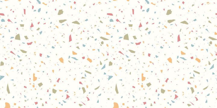 Seamless terrazzo vector pattern. Colorful pastel stone chips scattered on light Background. Minimal modern texture for tile, packaging, wallpaper, surface design