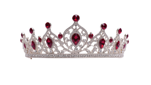 Ornate silver tiara with red gemstones, isolated on transparent background