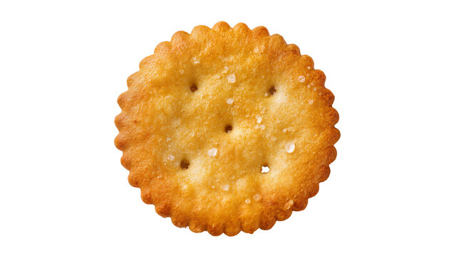 Round golden cracker with serrated edge and salt crystals, isolated on transparent background