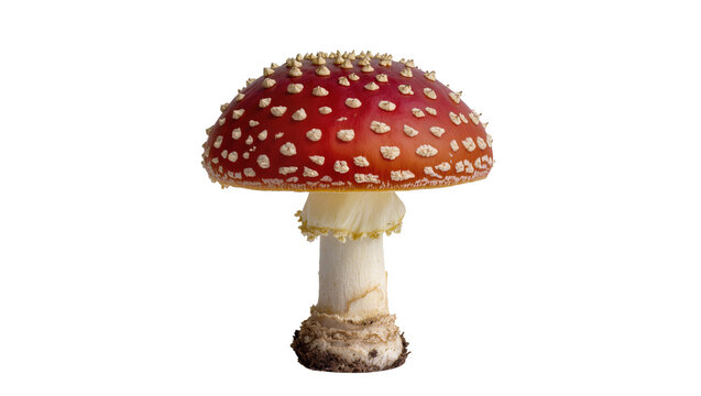 Red capped Amanita muscaria mushroom with white spots, isolated on transparent background