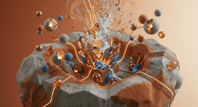 Exploding Crystalline Data Fountain Concept over Concrete and Terracotta Base