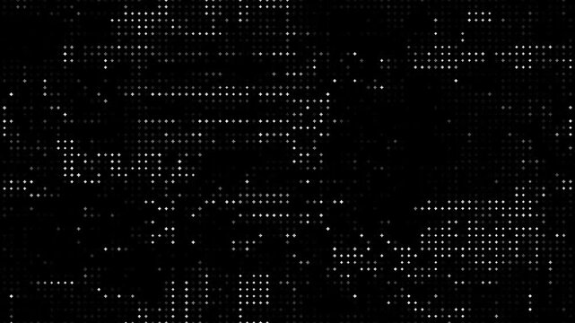 Digital abstract technology background with glowing white pixel dot matrix grid flashing on black cyberspace 4k video