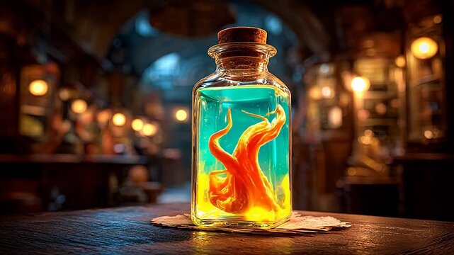 Bottle with glowing liquid and creature
