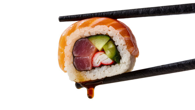Salmon and tuna sushi roll with crab stick and cucumber dripping sauce, isolated on transparent background