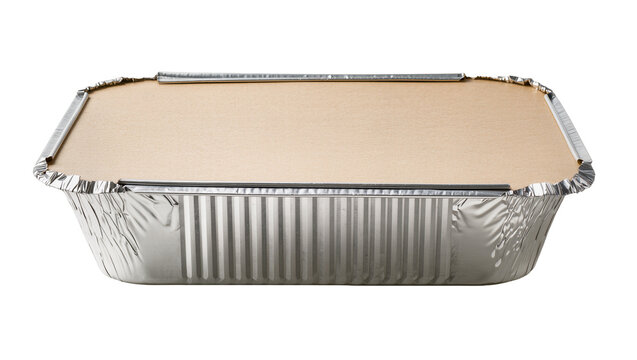 Rectangular aluminum foil food container with cardboard lid, isolated on transparent background