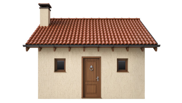 Small beige house with red tiled roof chimney and brown door, isolated on transparent background