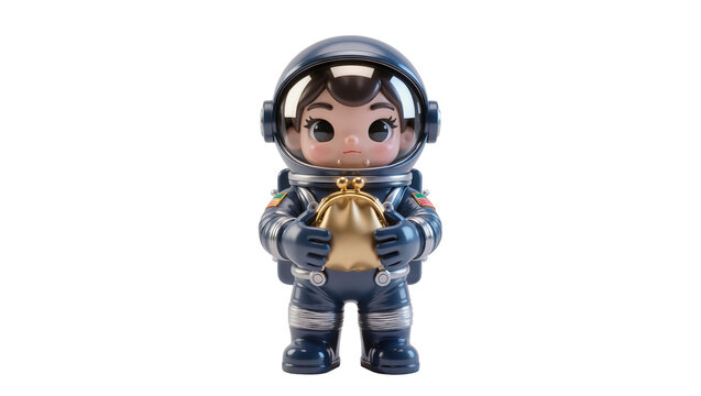 Cute astronaut toy holding a golden coin purse, isolated on transparent background