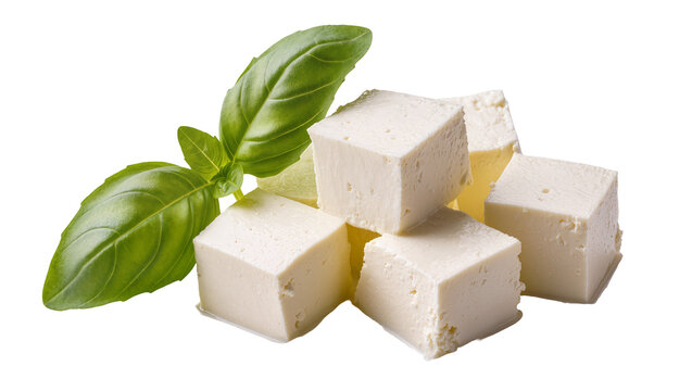 Cubed feta cheese with fresh basil leaves, isolated on transparent background