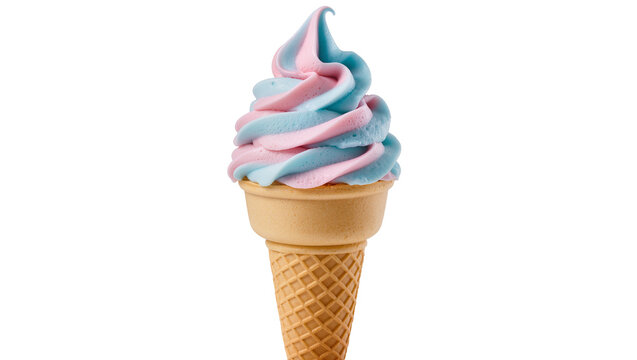 Swirled pink and blue soft serve ice cream in a waffle cone, isolated on transparent background