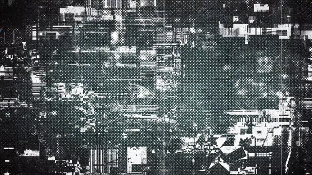 Monochrome abstract cyber glitch background with distorted white noise texture computer data damage and signal errors 4k video