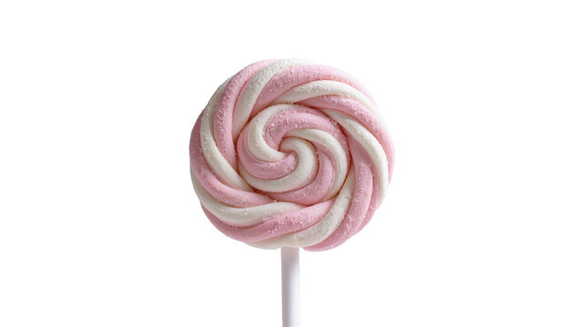 Pink and white swirled marshmallow lollipop on a stick, isolated on transparent background
