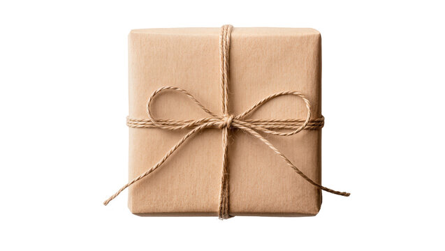 Brown paper wrapped gift box tied with twine, isolated on transparent background