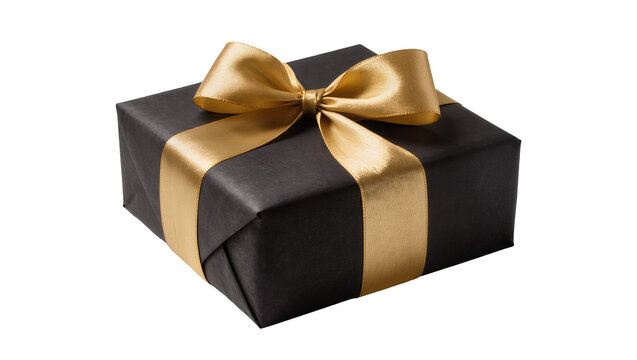 Black gift box with gold satin ribbon and bow, isolated on transparent background