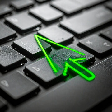 Bright neon green arrow cursor glowing intensely over the dark textured keys of a black computer keyboard captured in a close up macro shot showing sleek modern digital interface design