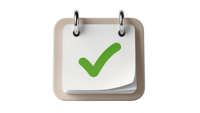 Rounded square calendar with metal rings and green checkmark, isolated on transparent background