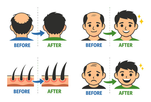 Hair restoration process from baldness to full hair, illustrating medical treatment for pattern baldness and scalp health