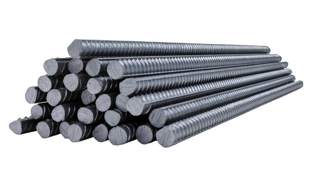 Pile of ribbed steel rebar rods, isolated on transparent background