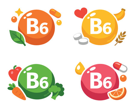 Vitamin B6 badges displaying various food sources, capsules, and pills, illustrating essential health and diet concepts