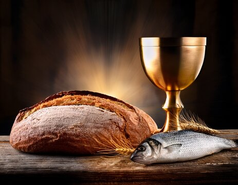 christian symbols including chalice fish bread and host during communion