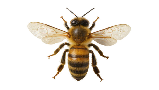 Detailed honey bee with striped abdomen and translucent wings, isolated on transparent background