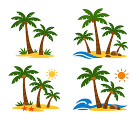 Fototapeta premium Collection of stylized tropical island designs with palm trees, sandy beaches, sun, and ocean waves for summer vacation concepts