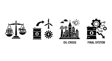 Naklejka premium Four black and white icons illustrating oil crisis and final system concepts Keywords: oil crisis, final system, oil barrel, wind turbine, solar panel, city