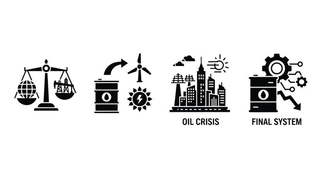 Four black and white icons illustrating oil crisis and final system concepts Keywords: oil crisis, final system, oil barrel, wind turbine, solar panel, city