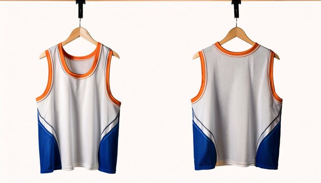 front and back views of a blank white basketball jersey with blue and orange trim hanging on a wooden hanger
