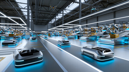 Fototapeta premium Automatisierte Transportfahrzeuge mit blauen Lichtern bewegen sich durch eine moderne, helle Produktionshalle mit Roboterarmen