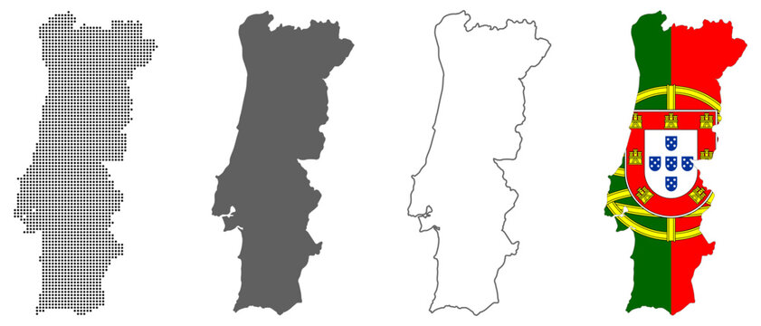 Portugal country map vector set with dotted pattern solid silhouette outline and national flag illustration
