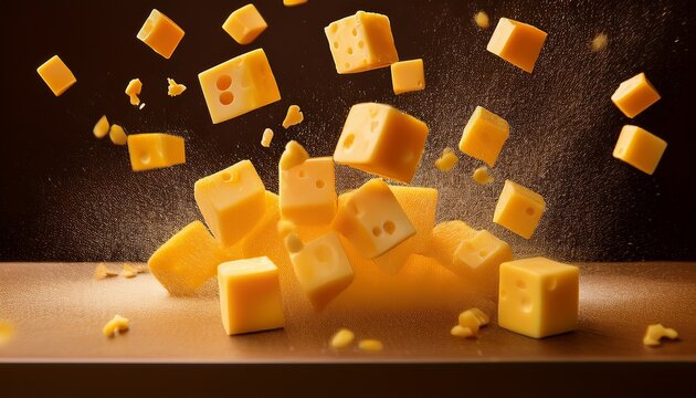 this whimsical concept imagines cheese cubes defying gravity soaring through the air like playful projectiles imagine a shower of cheddar a blizzard of brie or a hailstorm of havarti raining down