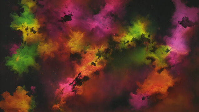 High-resolution abstract digital illustration of a dense cosmic nebula featuring vibrant mixtures of red, orange, pink, yellow, and green gas clouds with subtle glowing stars in deep space.
