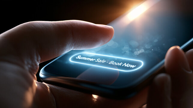 Finger tippt auf einen leuchtenden gr&uuml;nen Button mit der Aufschrift &bdquo;Summer Sale - book now" auf einem Smartphone-Bildschirm.
