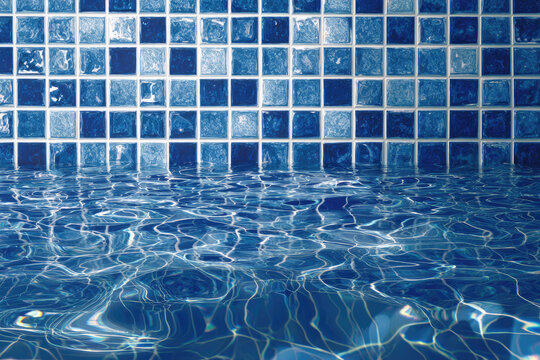 Blue pool tile mosaic pattern with water reflection and rectangular grid background 