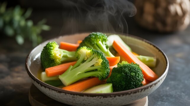 Steaming bowl of fresh, healthy, vibrant steamed broccoli and carrot sticks, closeup, rustic kitchen setting, nutritious vegetable side dish, steam rising, warm lighting