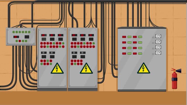 Industrial electrical control panel animation with blinking indicator lights and power system monitoring