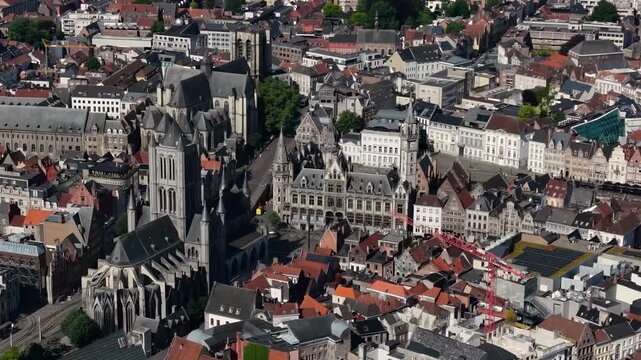 An panoramic aerial view around the old town in the city of Gent or Ghent on a sunny summer noon in Belgium